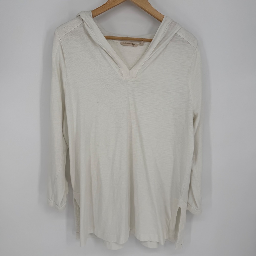 Soft‎ Surroundings Hoodie Cream Organic Cotton Button Back Tunic Top XL